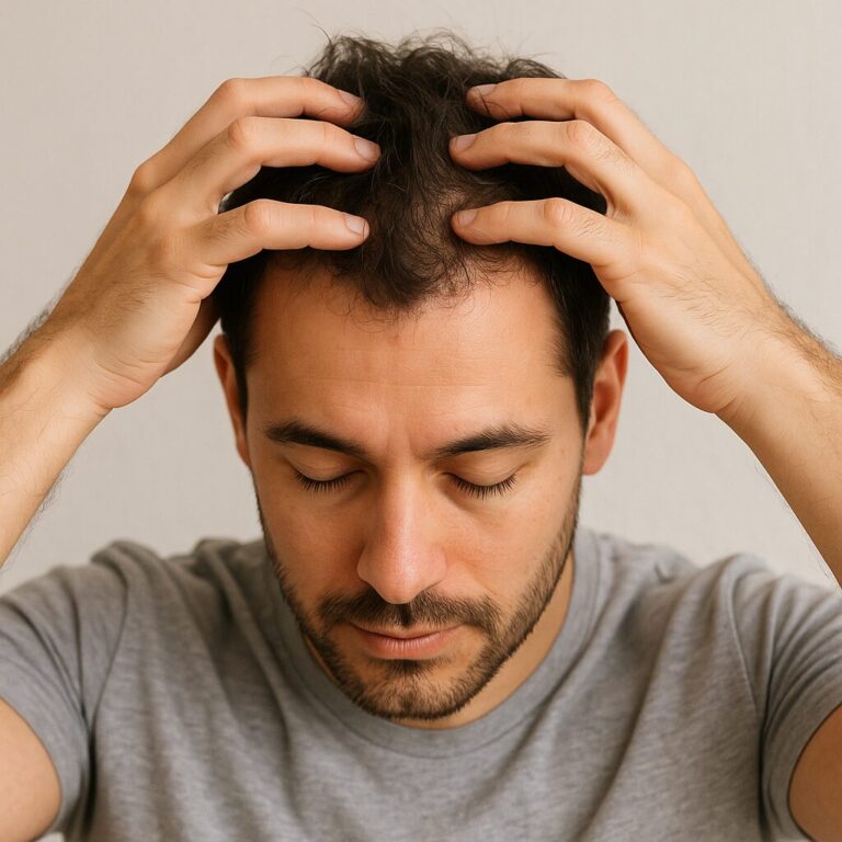 hombre con señales de caída del cabello agarrandose el pelo