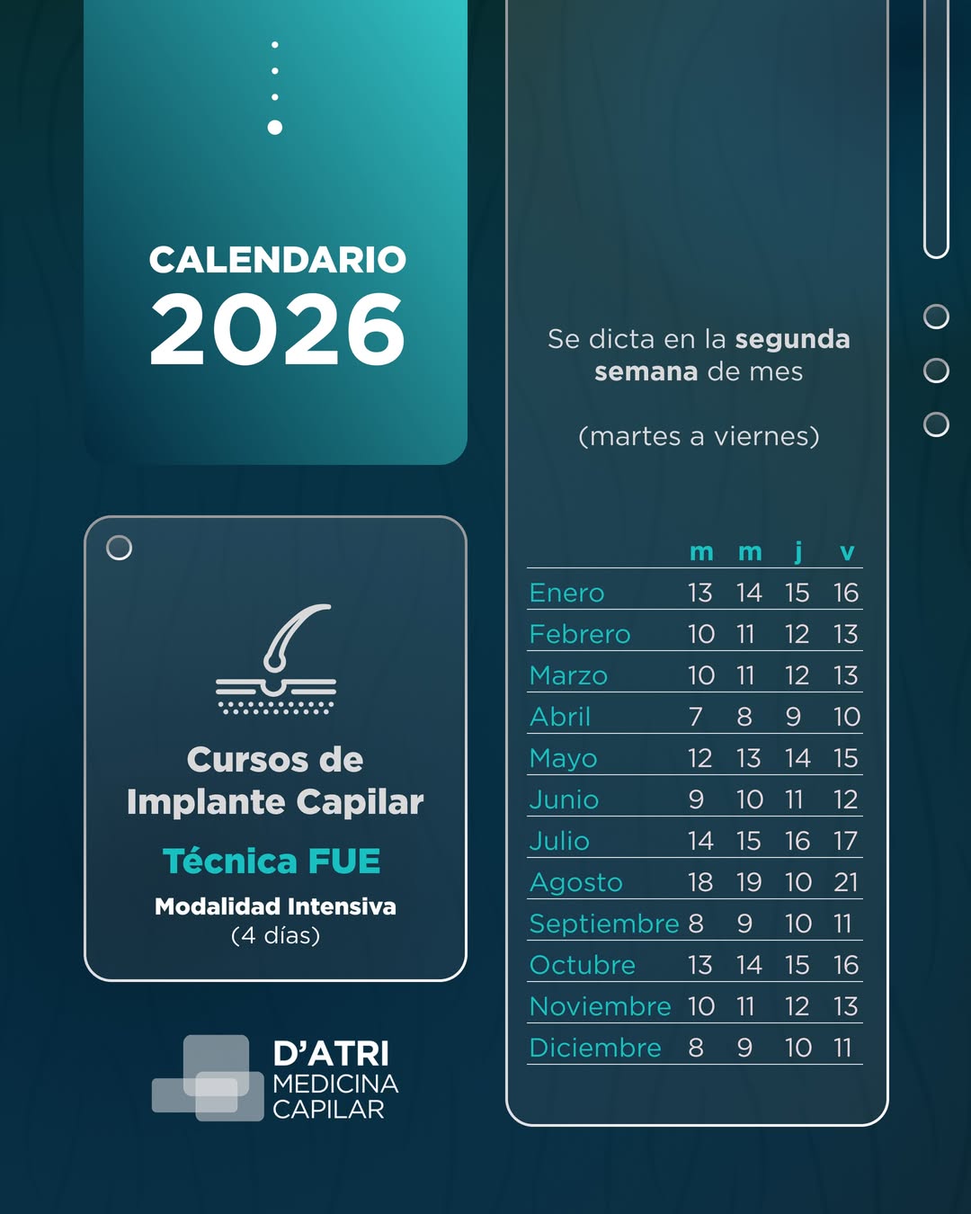 Calendario 2026 del Curso de Implante Capilar Técnica FUE de D'Atri Medicina Capilar